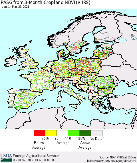 Europe PASG from 3-Month Cropland NDVI (VIIRS) Thematic Map For 3/21/2021 - 3/31/2021