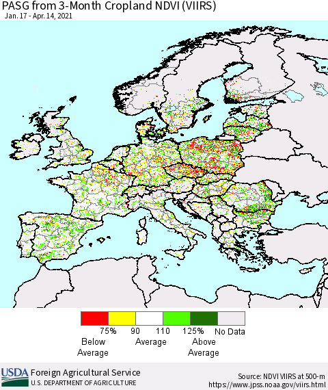 Europe PASG from 3-Month Cropland NDVI (VIIRS) Thematic Map For 4/11/2021 - 4/20/2021