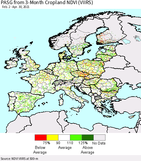 Europe PASG from 3-Month Cropland NDVI (VIIRS) Thematic Map For 4/21/2021 - 4/30/2021