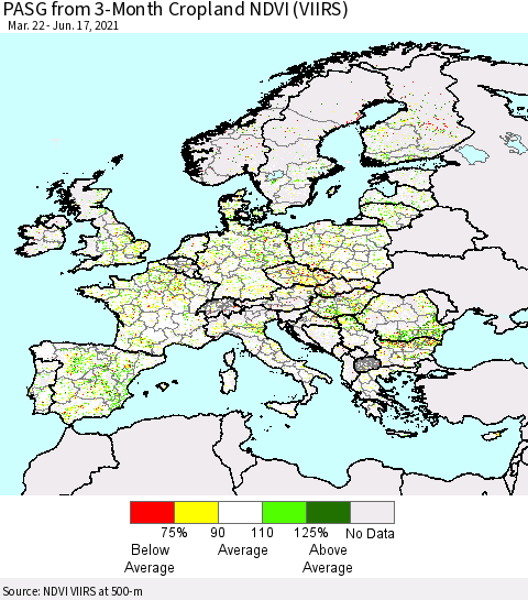Europe PASG from 3-Month Cropland NDVI (VIIRS) Thematic Map For 6/10/2021 - 6/17/2021