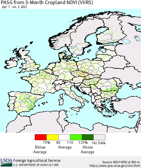 Europe PASG from 3-Month Cropland NDVI (VIIRS) Thematic Map For 7/1/2021 - 7/10/2021