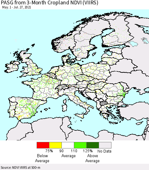 Europe PASG from 3-Month Cropland NDVI (VIIRS) Thematic Map For 7/20/2021 - 7/27/2021