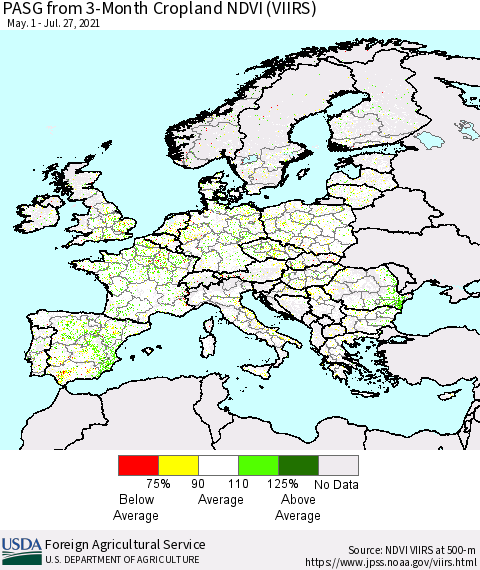 Europe PASG from 3-Month Cropland NDVI (VIIRS) Thematic Map For 7/21/2021 - 7/31/2021