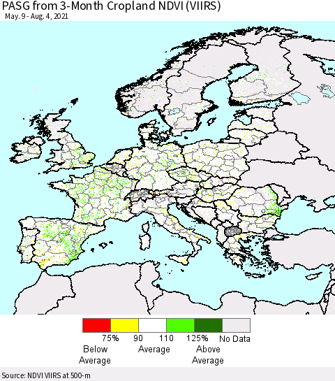 Europe PASG from 3-Month Cropland NDVI (VIIRS) Thematic Map For 7/28/2021 - 8/4/2021