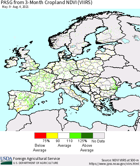 Europe PASG from 3-Month Cropland NDVI (VIIRS) Thematic Map For 8/1/2021 - 8/10/2021