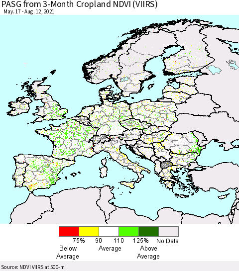 Europe PASG from 3-Month Cropland NDVI (VIIRS) Thematic Map For 8/5/2021 - 8/12/2021