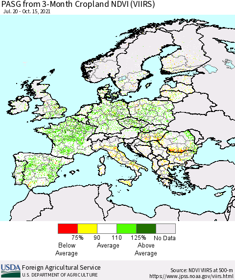 Europe PASG from 3-Month Cropland NDVI (VIIRS) Thematic Map For 10/11/2021 - 10/20/2021