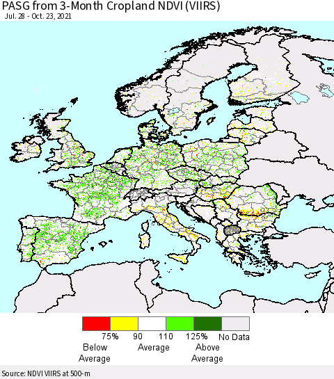 Europe PASG from 3-Month Cropland NDVI (VIIRS) Thematic Map For 10/16/2021 - 10/23/2021