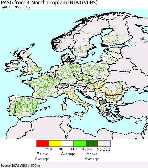Europe PASG from 3-Month Cropland NDVI (VIIRS) Thematic Map For 11/1/2021 - 11/8/2021