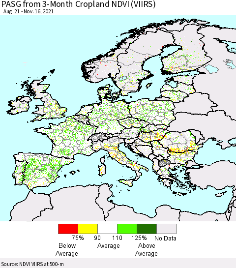 Europe PASG from 3-Month Cropland NDVI (VIIRS) Thematic Map For 11/9/2021 - 11/16/2021