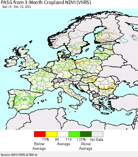 Europe PASG from 3-Month Cropland NDVI (VIIRS) Thematic Map For 12/3/2021 - 12/10/2021