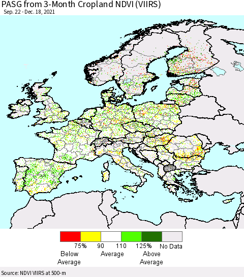 Europe PASG from 3-Month Cropland NDVI (VIIRS) Thematic Map For 12/11/2021 - 12/18/2021