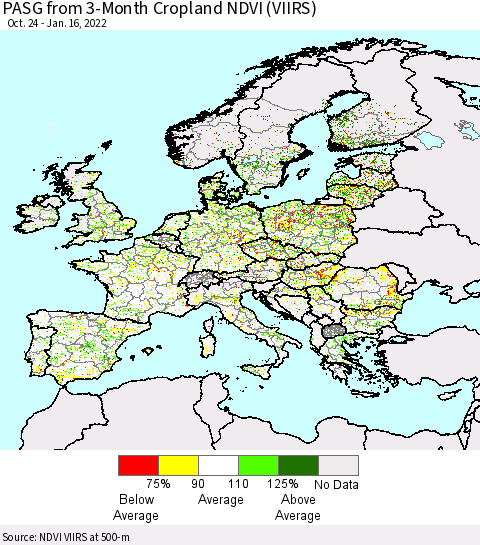 Europe PASG from 3-Month Cropland NDVI (VIIRS) Thematic Map For 1/9/2022 - 1/16/2022