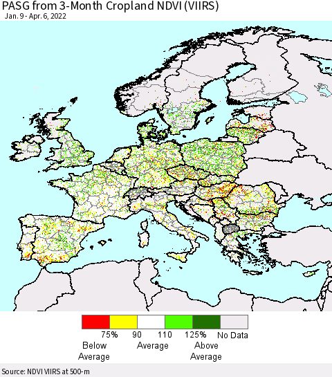 Europe PASG from 3-Month Cropland NDVI (VIIRS) Thematic Map For 3/30/2022 - 4/6/2022