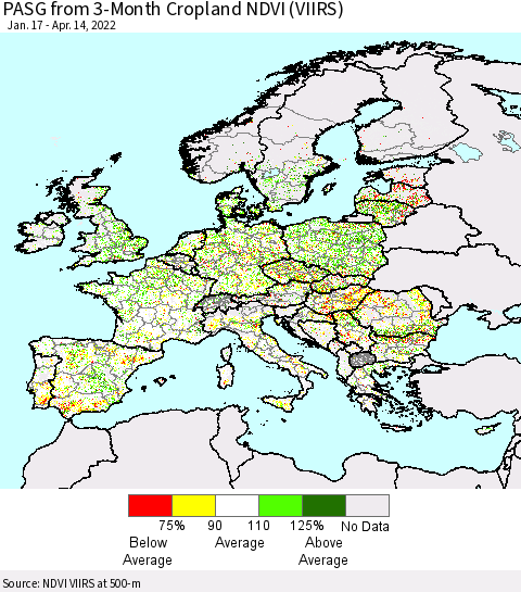 Europe PASG from 3-Month Cropland NDVI (VIIRS) Thematic Map For 4/7/2022 - 4/14/2022