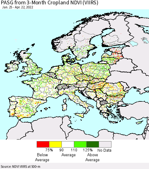 Europe PASG from 3-Month Cropland NDVI (VIIRS) Thematic Map For 4/15/2022 - 4/22/2022