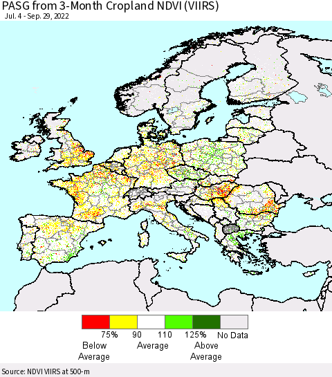 Europe PASG from 3-Month Cropland NDVI (VIIRS) Thematic Map For 9/22/2022 - 9/29/2022