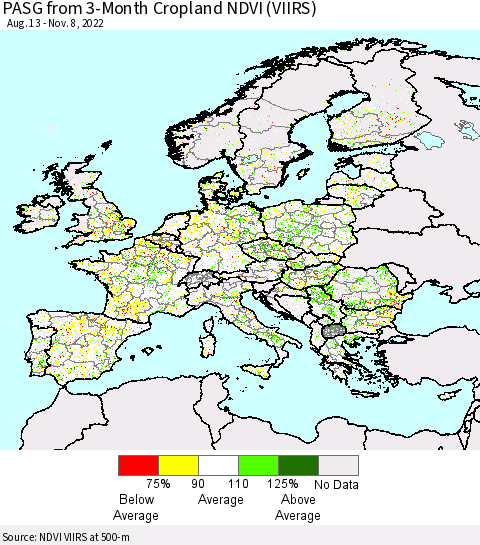 Europe PASG from 3-Month Cropland NDVI (VIIRS) Thematic Map For 11/1/2022 - 11/8/2022