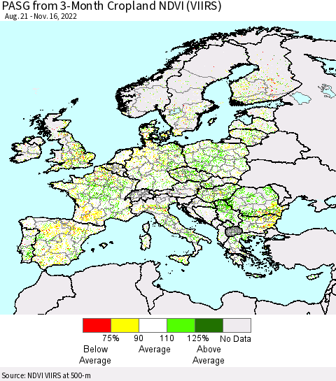 Europe PASG from 3-Month Cropland NDVI (VIIRS) Thematic Map For 11/9/2022 - 11/16/2022