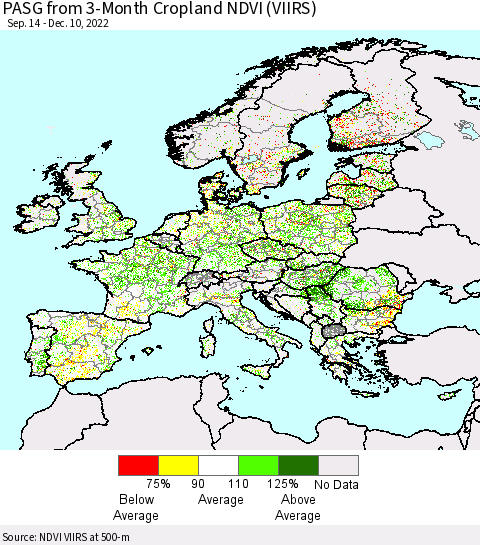Europe PASG from 3-Month Cropland NDVI (VIIRS) Thematic Map For 12/3/2022 - 12/10/2022