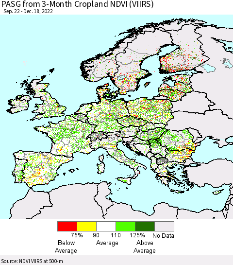 Europe PASG from 3-Month Cropland NDVI (VIIRS) Thematic Map For 12/11/2022 - 12/18/2022