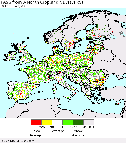 Europe PASG from 3-Month Cropland NDVI (VIIRS) Thematic Map For 1/1/2023 - 1/8/2023