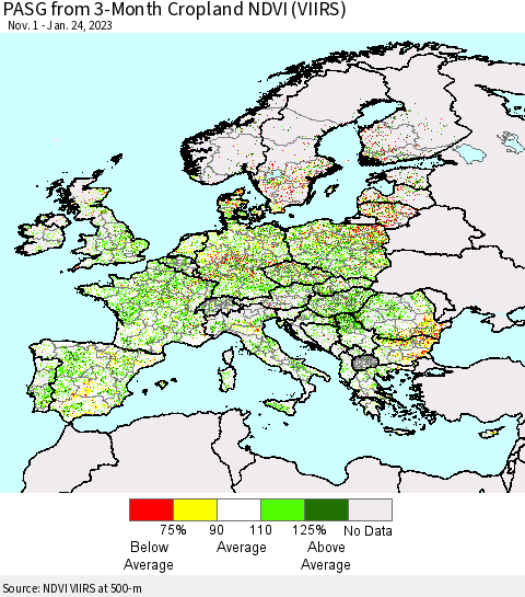 Europe PASG from 3-Month Cropland NDVI (VIIRS) Thematic Map For 1/17/2023 - 1/24/2023