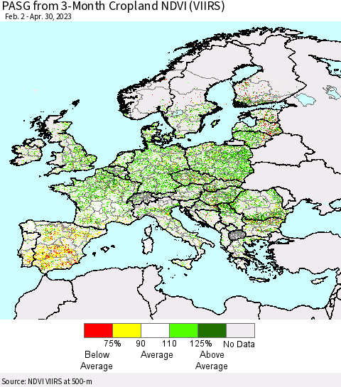 Europe PASG from 3-Month Cropland NDVI (VIIRS) Thematic Map For 4/23/2023 - 4/30/2023