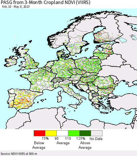 Europe PASG from 3-Month Cropland NDVI (VIIRS) Thematic Map For 5/1/2023 - 5/8/2023