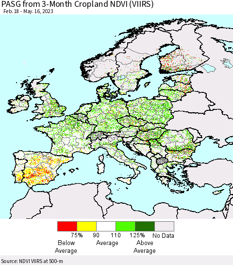 Europe PASG from 3-Month Cropland NDVI (VIIRS) Thematic Map For 5/9/2023 - 5/16/2023