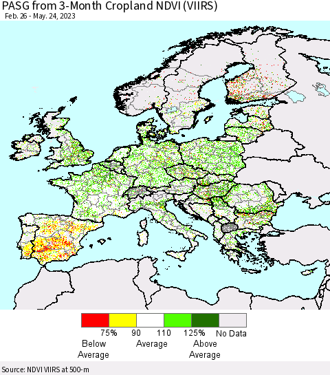 Europe PASG from 3-Month Cropland NDVI (VIIRS) Thematic Map For 5/17/2023 - 5/24/2023