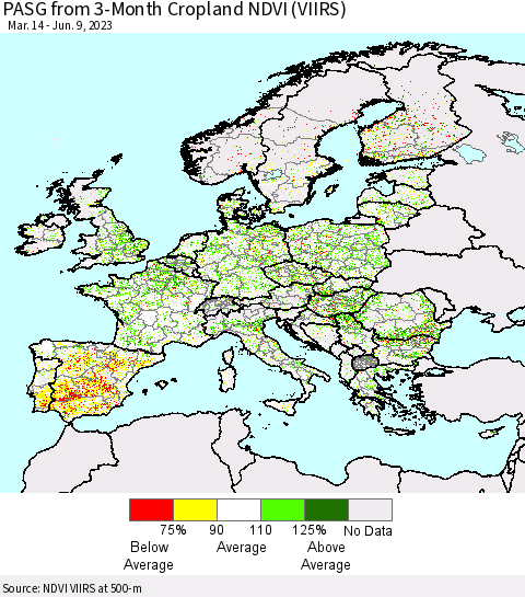 Europe PASG from 3-Month Cropland NDVI (VIIRS) Thematic Map For 6/2/2023 - 6/9/2023
