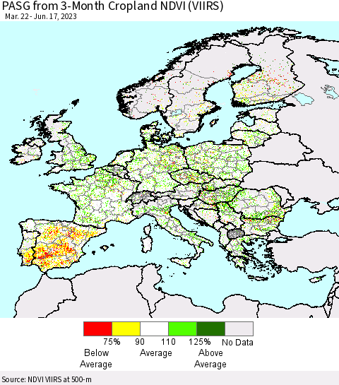Europe PASG from 3-Month Cropland NDVI (VIIRS) Thematic Map For 6/10/2023 - 6/17/2023
