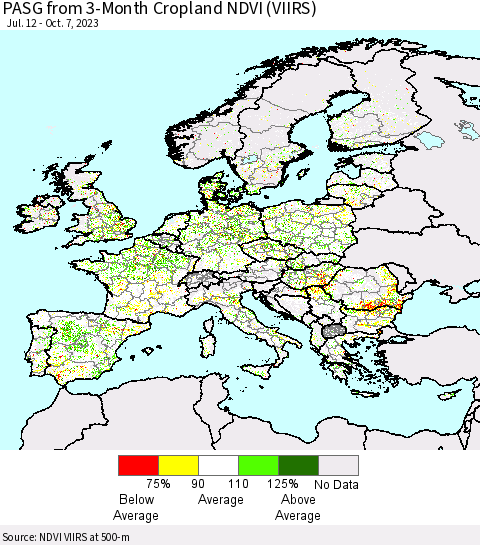 Europe PASG from 3-Month Cropland NDVI (VIIRS) Thematic Map For 9/30/2023 - 10/7/2023