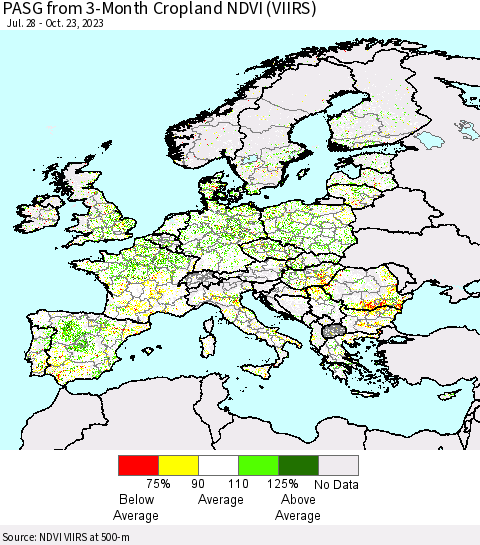 Europe PASG from 3-Month Cropland NDVI (VIIRS) Thematic Map For 10/16/2023 - 10/23/2023