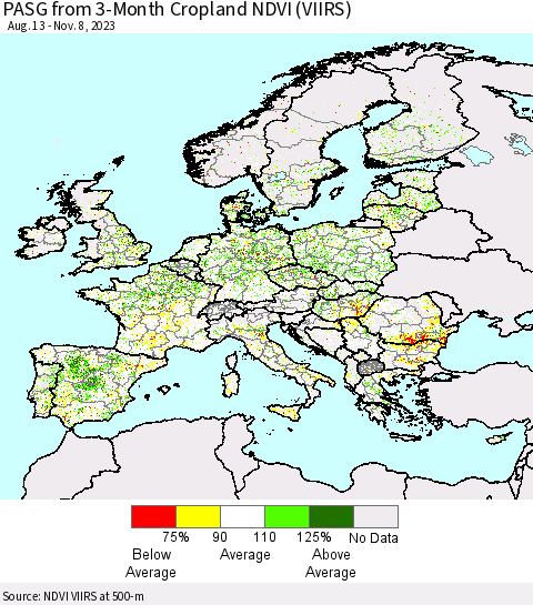 Europe PASG from 3-Month Cropland NDVI (VIIRS) Thematic Map For 11/1/2023 - 11/8/2023
