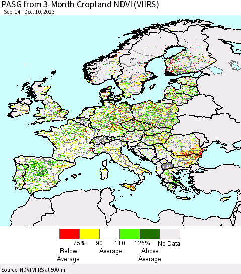 Europe PASG from 3-Month Cropland NDVI (VIIRS) Thematic Map For 12/3/2023 - 12/10/2023
