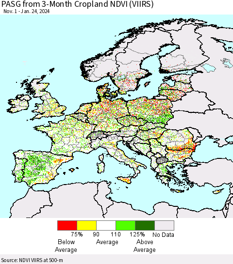 Europe PASG from 3-Month Cropland NDVI (VIIRS) Thematic Map For 1/17/2024 - 1/24/2024