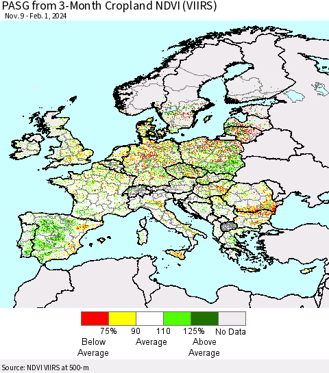 Europe PASG from 3-Month Cropland NDVI (VIIRS) Thematic Map For 1/25/2024 - 2/1/2024