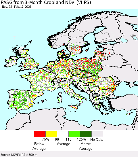 Europe PASG from 3-Month Cropland NDVI (VIIRS) Thematic Map For 2/10/2024 - 2/17/2024