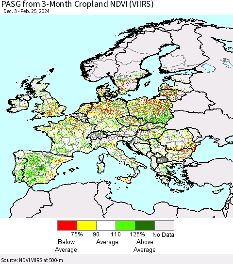 Europe PASG from 3-Month Cropland NDVI (VIIRS) Thematic Map For 2/18/2024 - 2/25/2024