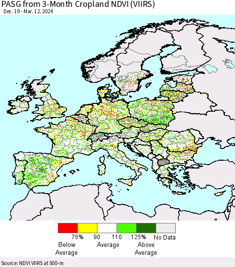 Europe PASG from 3-Month Cropland NDVI (VIIRS) Thematic Map For 3/5/2024 - 3/12/2024