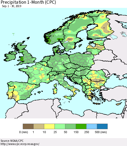 Europe Precipitation 1-Month (CPC) Thematic Map For 9/1/2019 - 9/30/2019