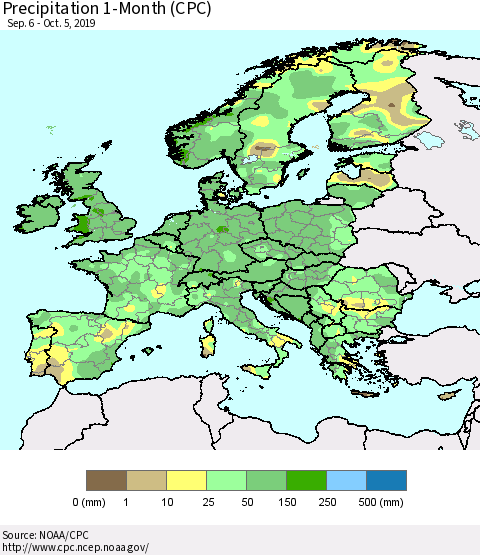 Europe Precipitation 1-Month (CPC) Thematic Map For 9/6/2019 - 10/5/2019