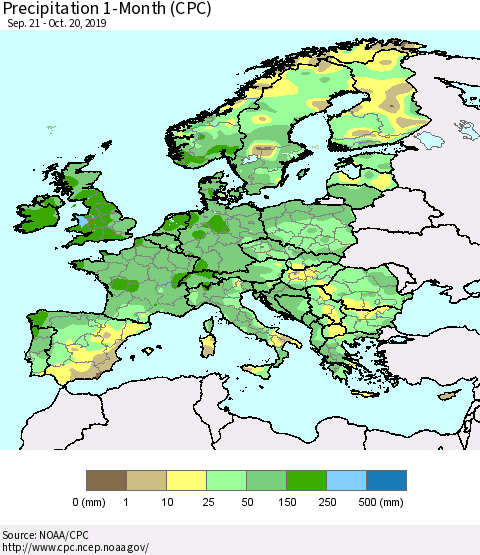 Europe Precipitation 1-Month (CPC) Thematic Map For 9/21/2019 - 10/20/2019