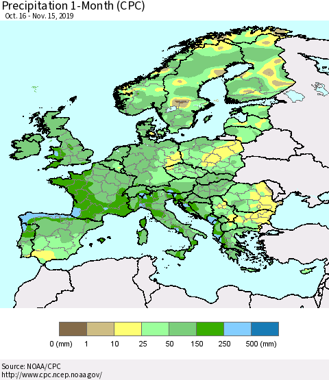 Europe Precipitation 1-Month (CPC) Thematic Map For 10/16/2019 - 11/15/2019
