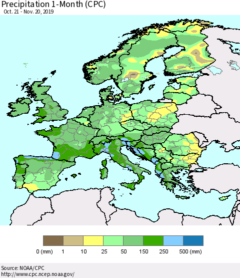 Europe Precipitation 1-Month (CPC) Thematic Map For 10/21/2019 - 11/20/2019