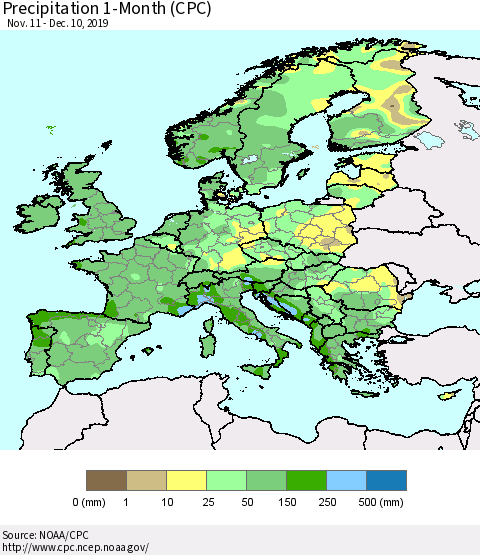 Europe Precipitation 1-Month (CPC) Thematic Map For 11/11/2019 - 12/10/2019
