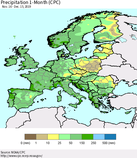 Europe Precipitation 1-Month (CPC) Thematic Map For 11/16/2019 - 12/15/2019