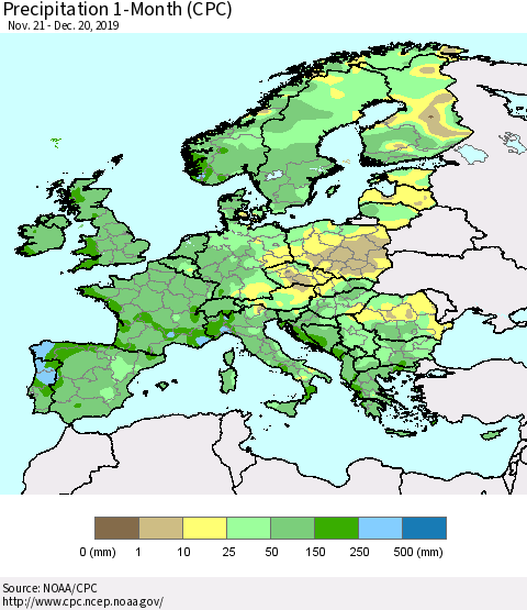 Europe Precipitation 1-Month (CPC) Thematic Map For 11/21/2019 - 12/20/2019